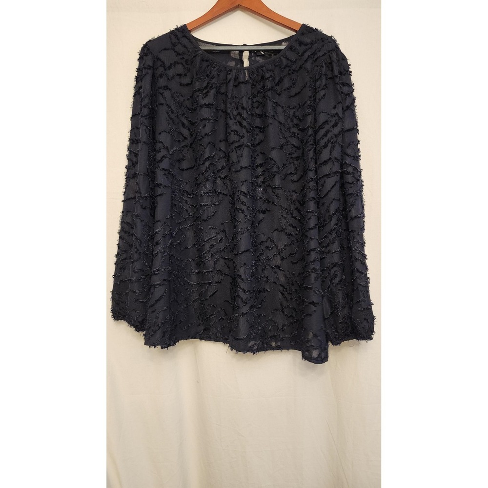 Lane Bryant‎ Shirt Womens 24 Black Sheer Textured Fringe Long Sleeve Blouse